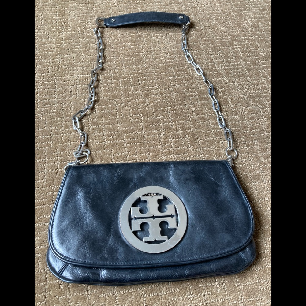 Tory Burch Riva Clutch w/ Silver Logo and Chain